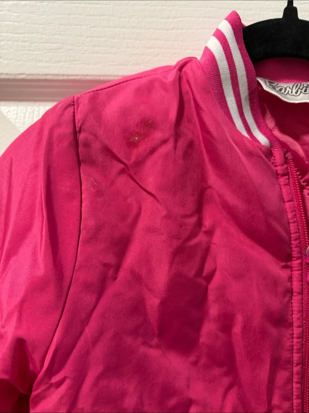 Barbie Hot Pink Kids Puffer Jacket with Striped Trim Size 4-5